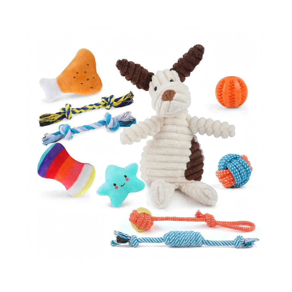 10 Pack Puppy Dog Toys Set - Plush Squeaky, Rope Tug & Treat Ball, Teething